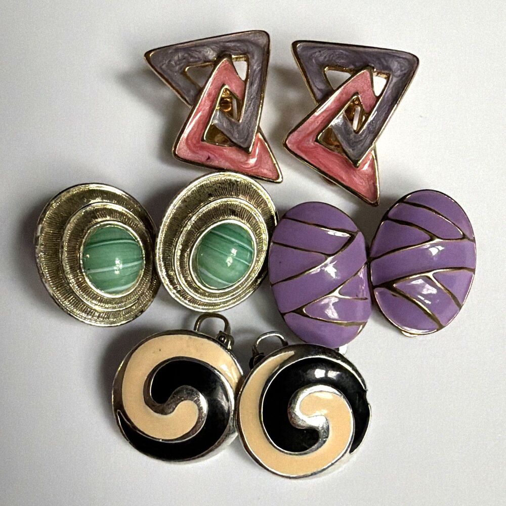 Vintage Enamel Clip-On Earrings Lot of 4 Pairs Fun & Funky Retro 80s Vibes